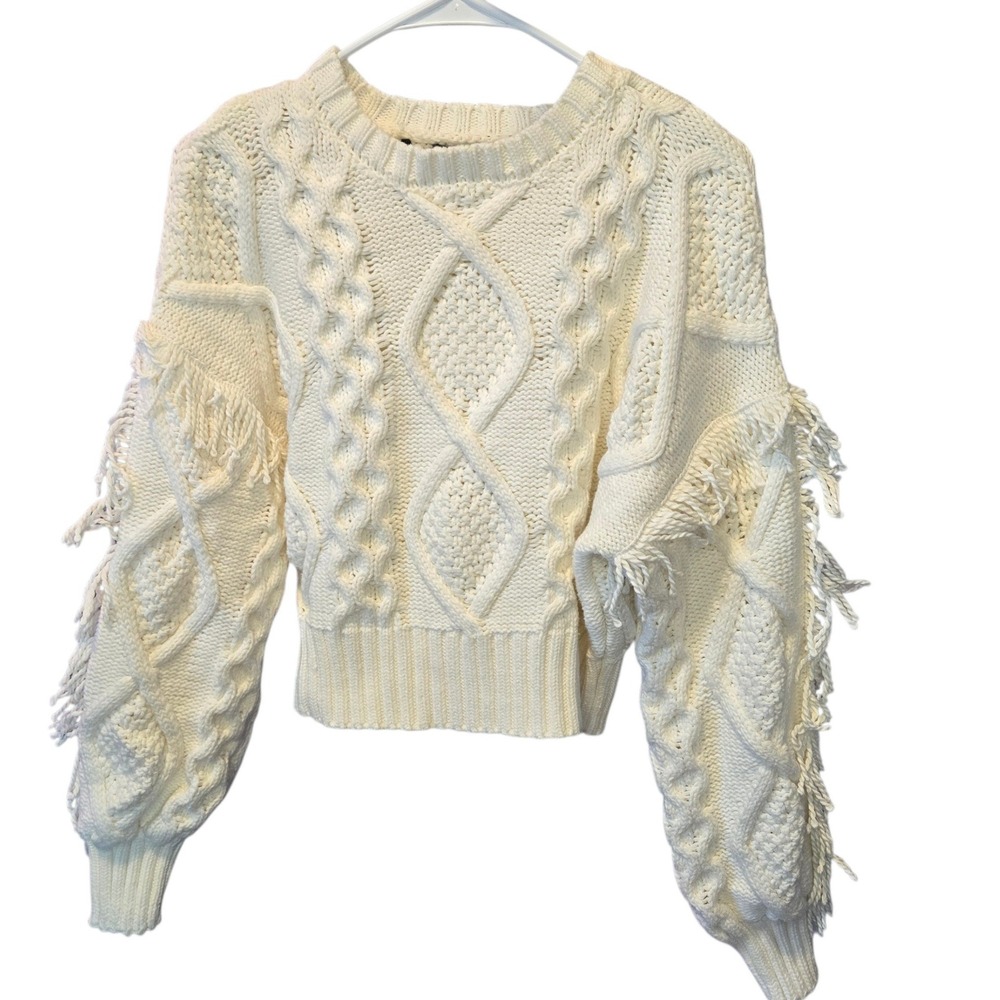 Cream Cable Knit Cropped Sweater XS Oversized Fringe Sleeve Chunky Boho
